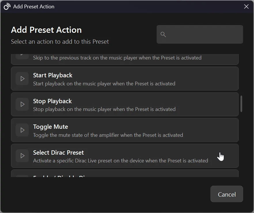 Adding the Select Dirac Preset action