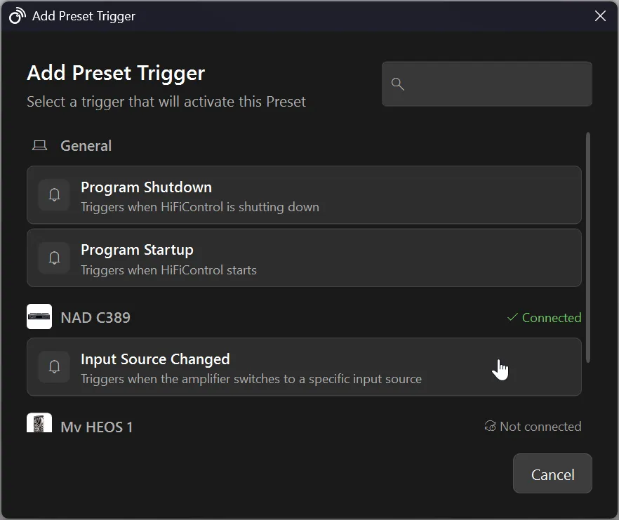Adding the Input Source Changed trigger