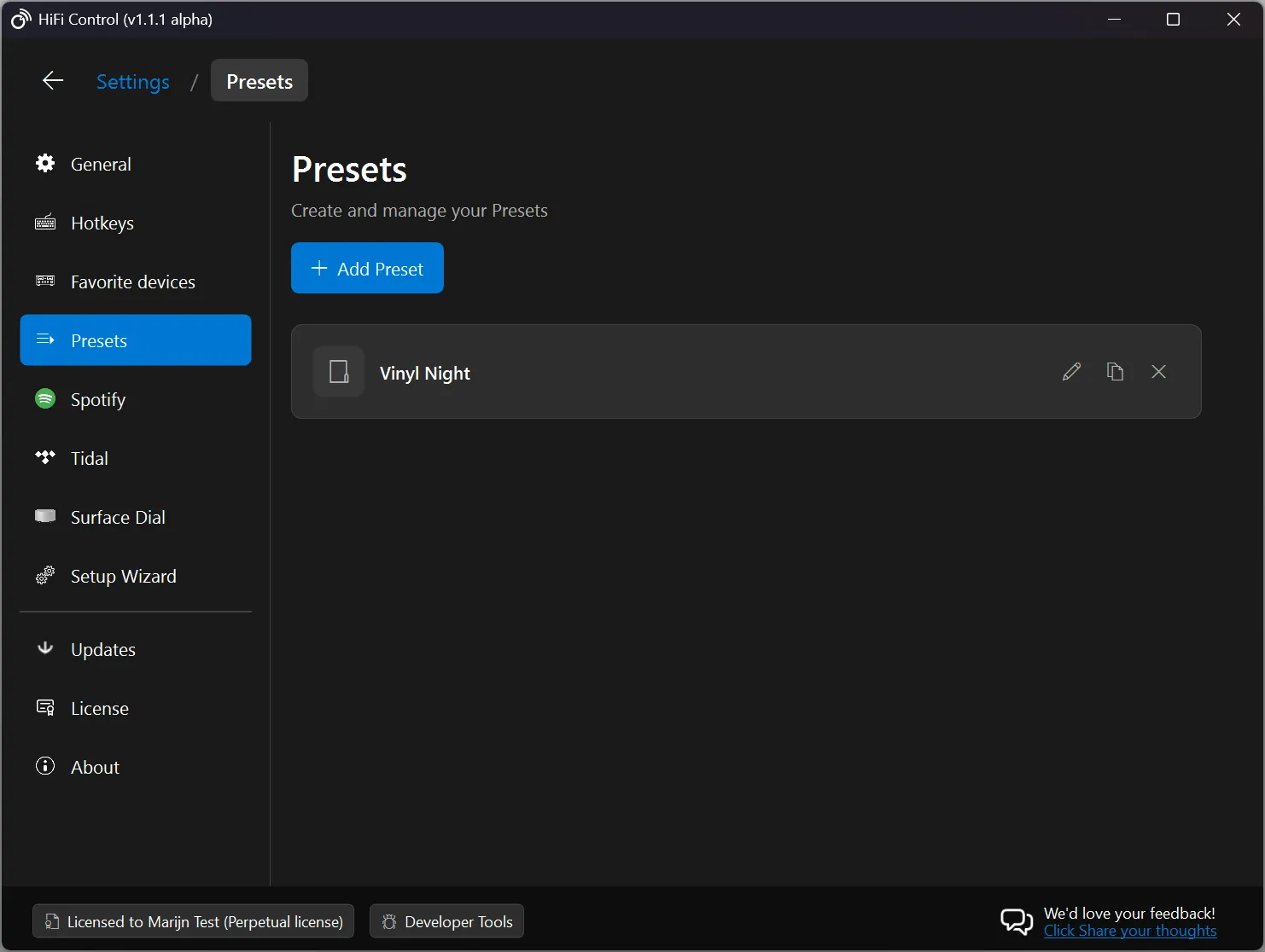 Preset Settings panel overview