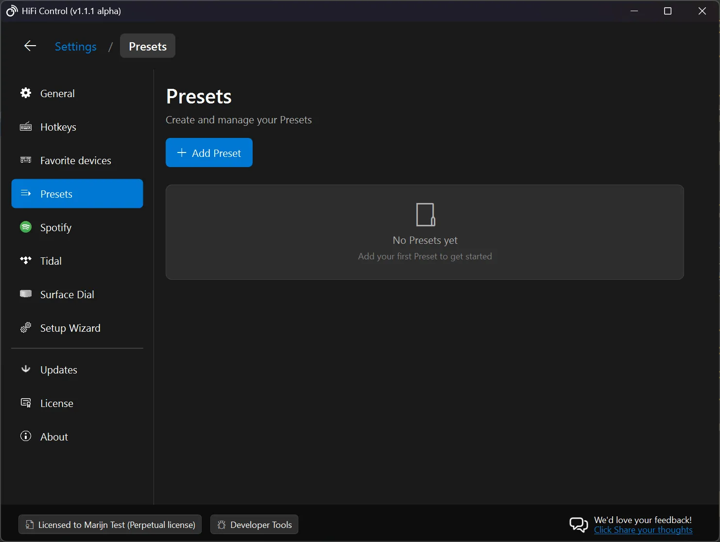 Presets list — empty state