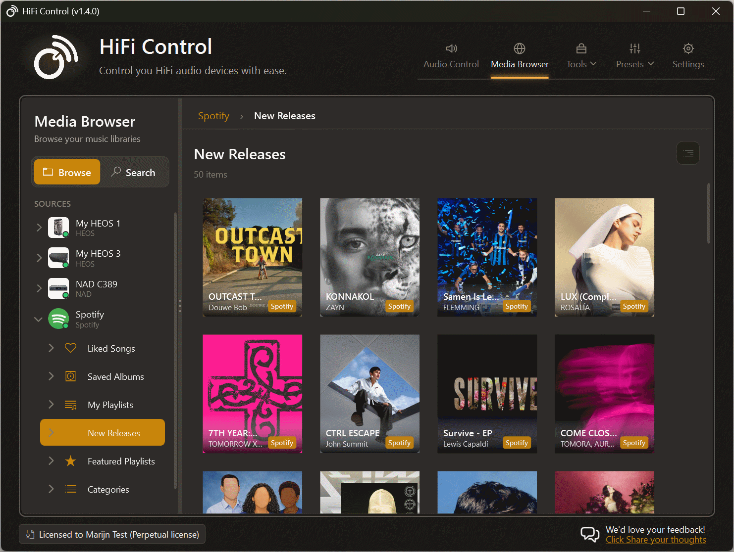 Media Browser window showing browse results across multiple devices