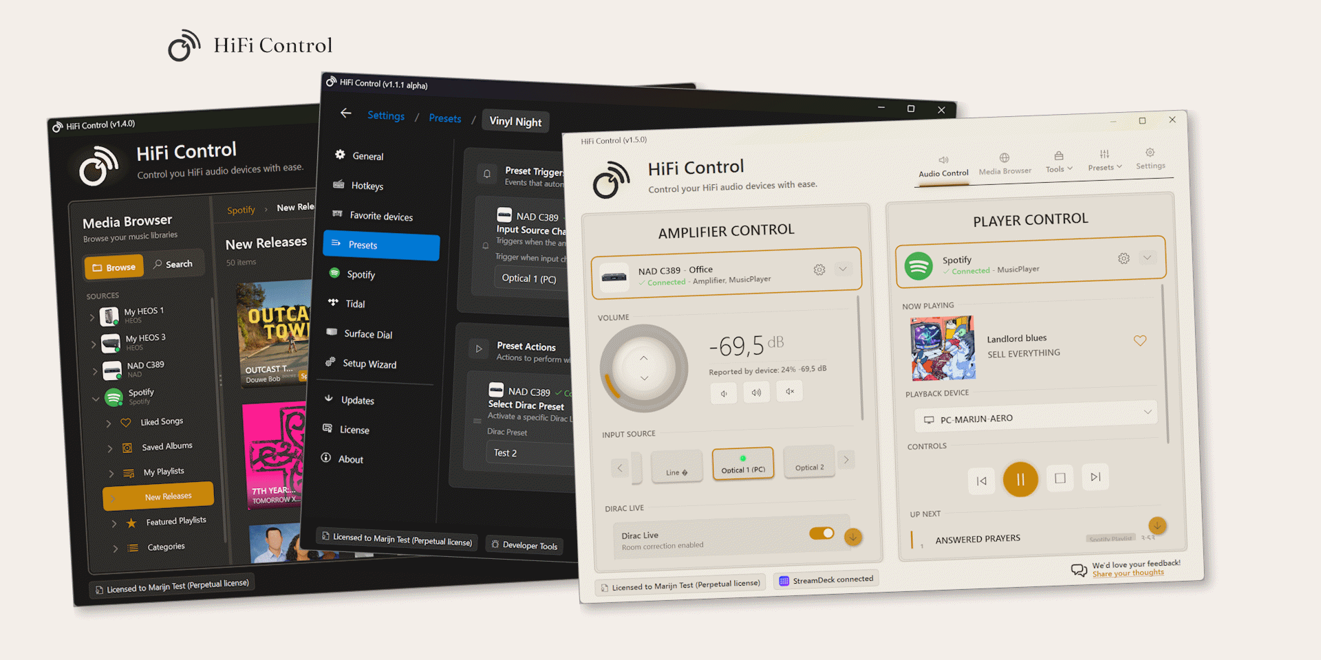 HiFi Control controlling BluOS, HEOS and MusicCast devices from Windows