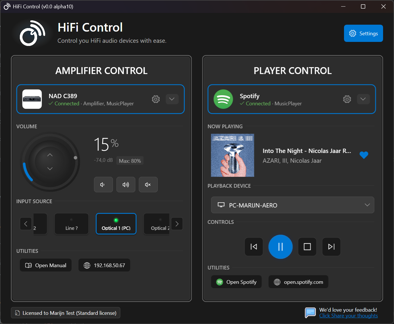 HiFiControl Main Screen