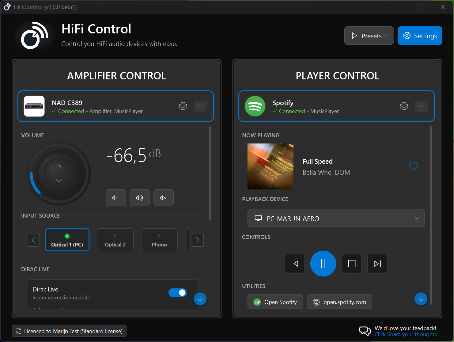 HiFiControl Main Screen
